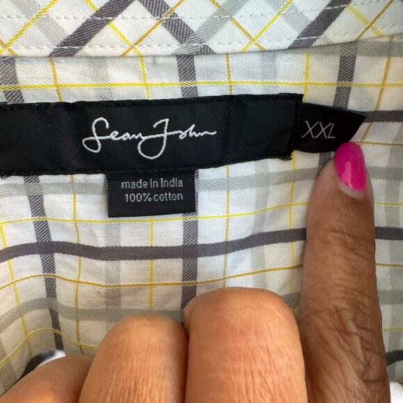 Sean John Shirt Men's XXL Beige/Black Plaid Short Sleeve Button Down Collared - Picture 5 of 9